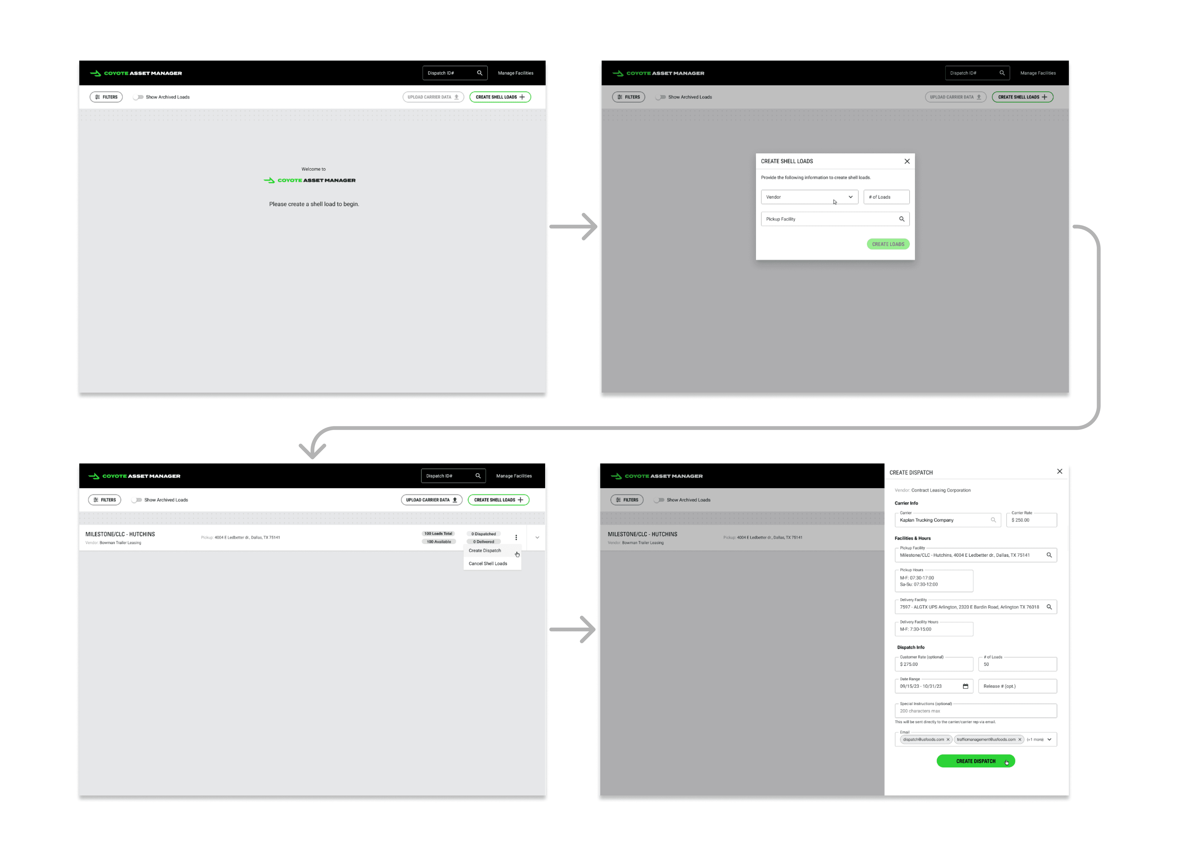Flow: welcome screen, create shell loads modal, dispatch list, and create dispatch panel