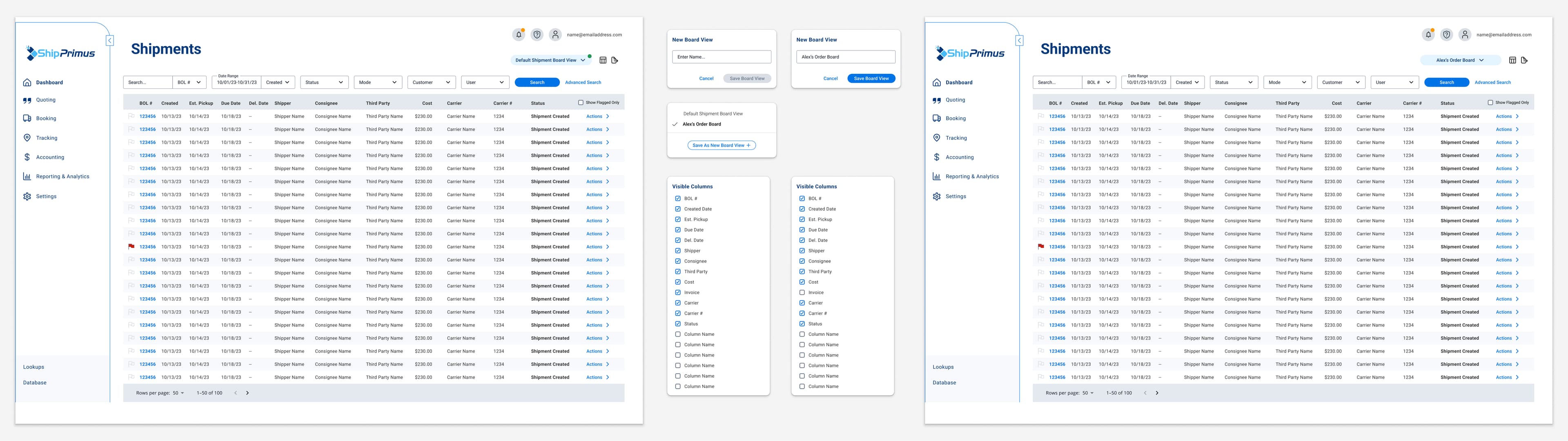 The Shipments page with customizable board views: saving a named view and choosing visible columns