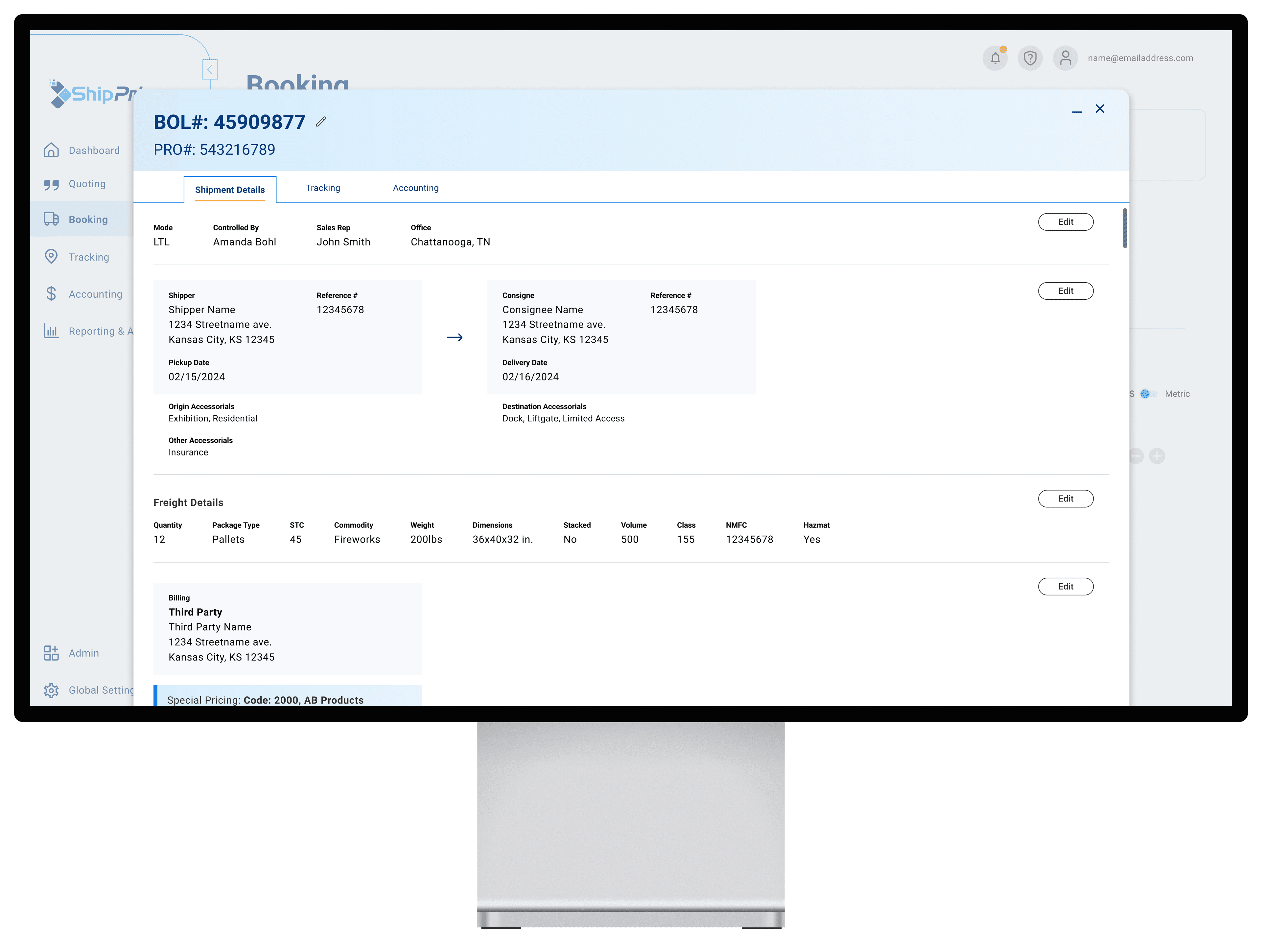 High-fidelity mockup of a booking record: BOL and PRO numbers with shipment details, freight details, and billing