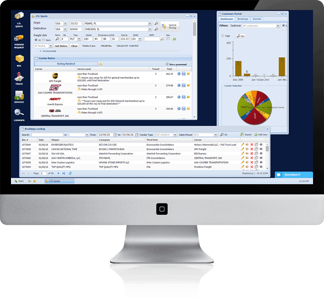 The legacy Ship Primus TMS: dense, dated windows for LTL quotes, carrier rates, bookings lookup, and a customer portal