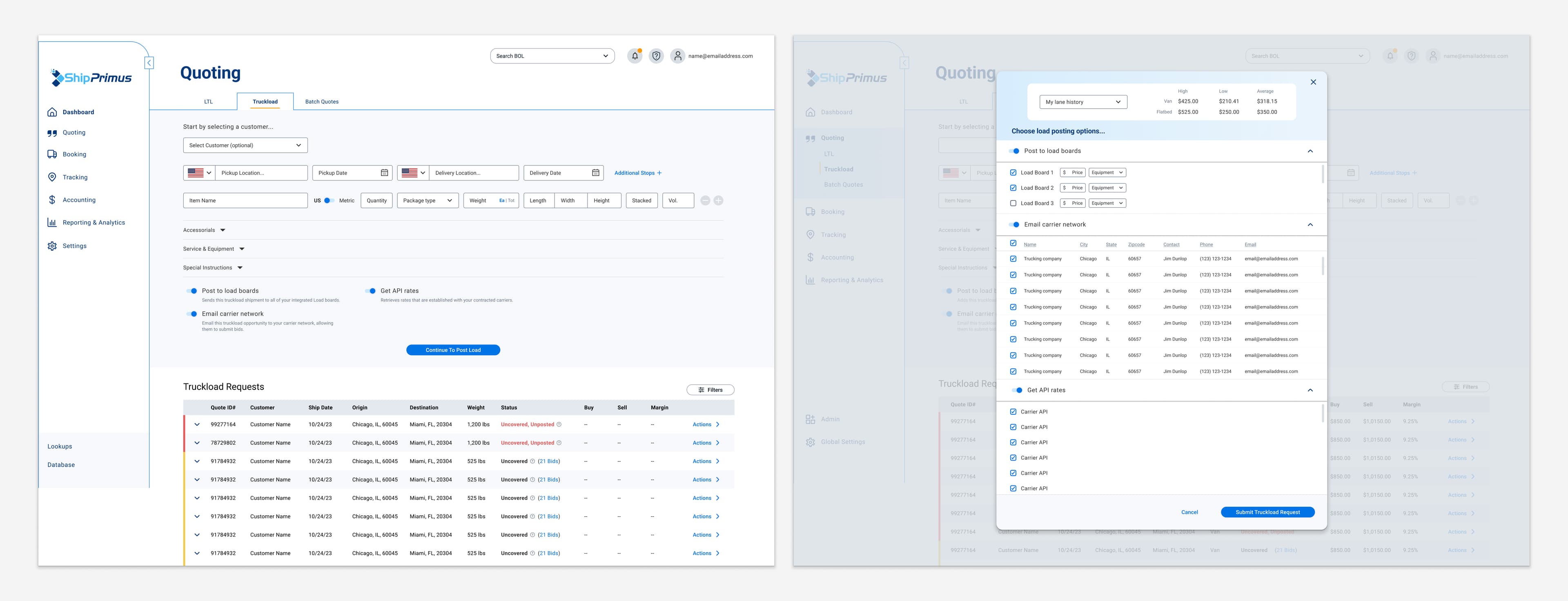 The Truckload quoting flow: the request form with load posting options for load boards, the email carrier network, and API rates