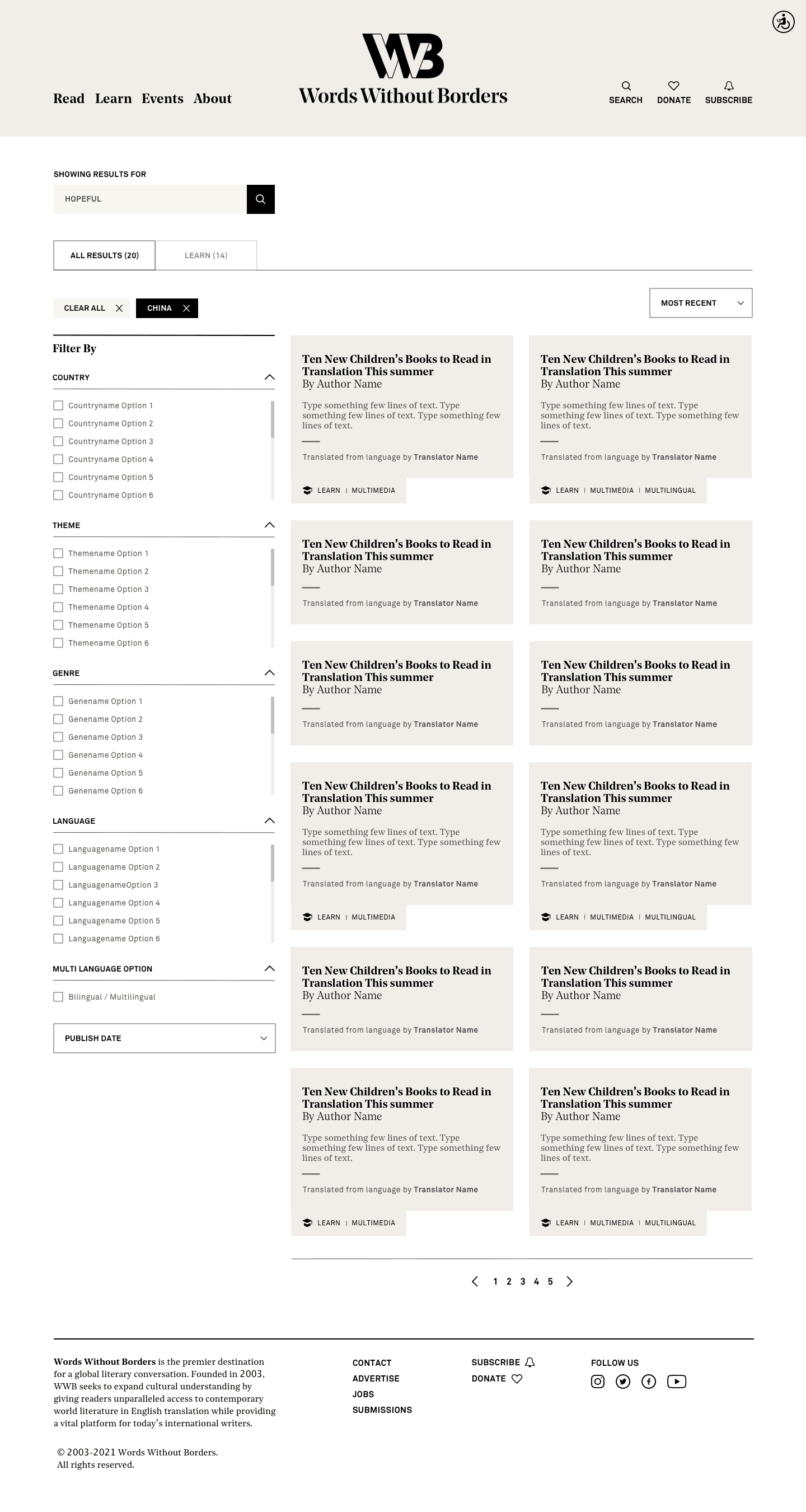 Search results wireframe with refinement filters for country, theme, genre, and language